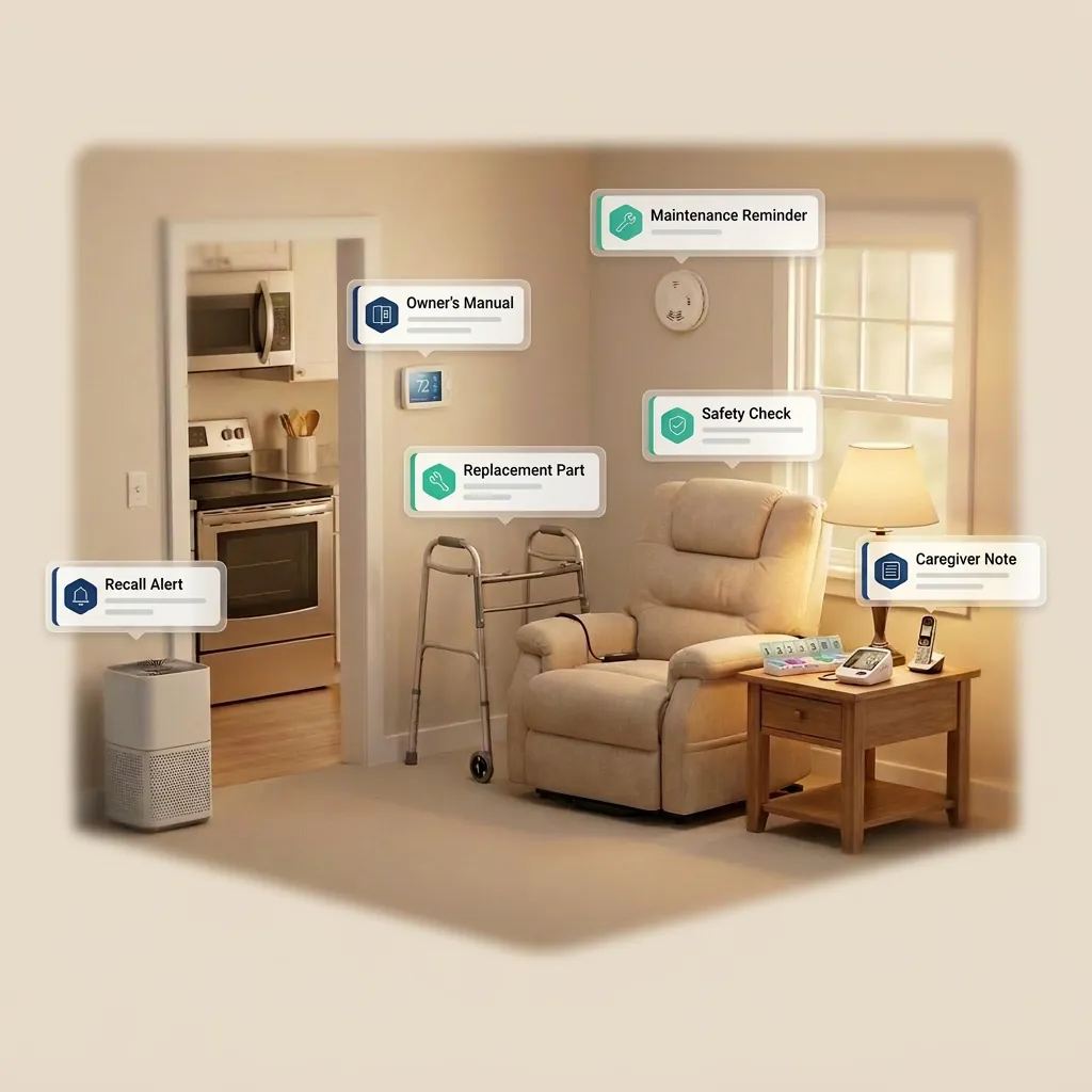 Older adult's living room with recliner, walker and kitchen beyond, tagged with RiskReady recall, safety and caregiver-note callouts