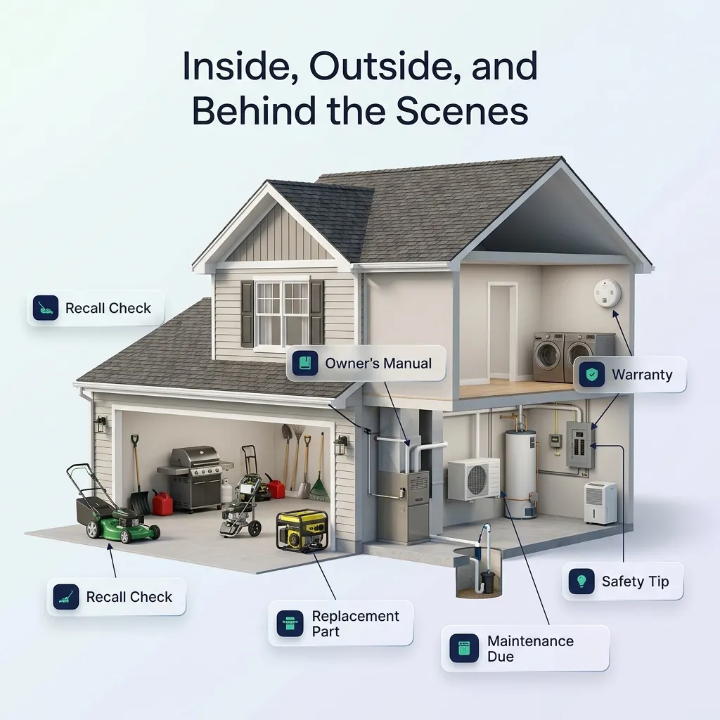 Cutaway illustration of a home showing items RiskReady covers across the garage, living space, and utility areas, with callouts for recall checks, manuals, warranties and maintenance