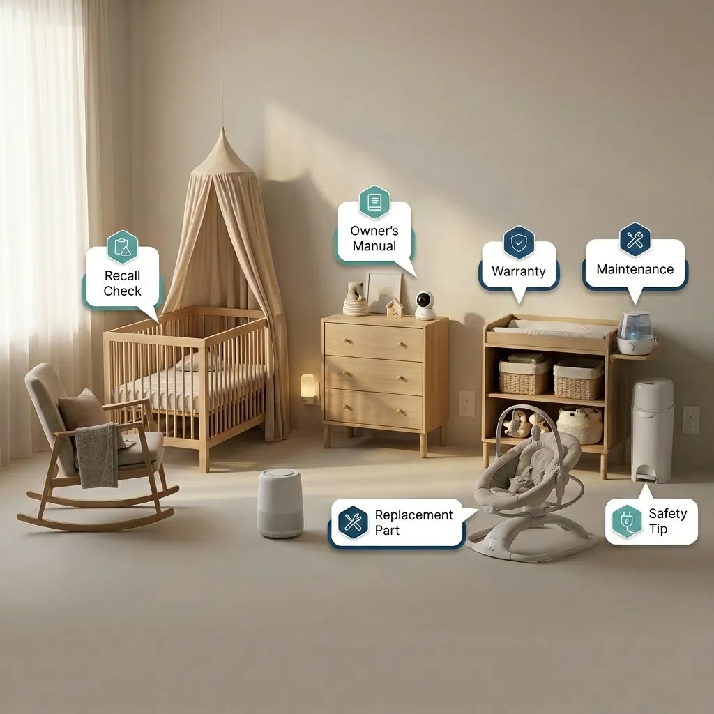 Nursery with crib, baby monitor and bouncer, each tagged with RiskReady recall, warranty and maintenance callouts