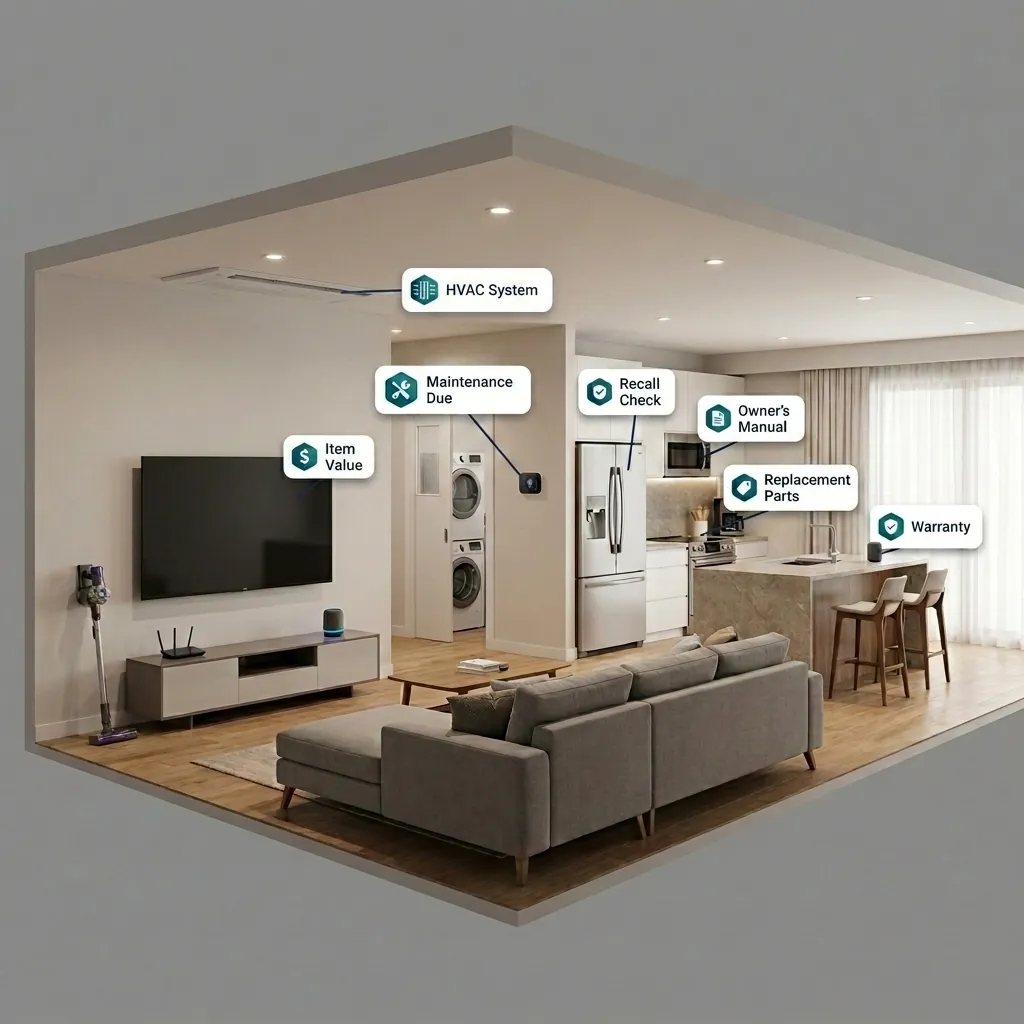 Open-plan living room and kitchen with RiskReady callouts on the HVAC, refrigerator, electronics and appliances